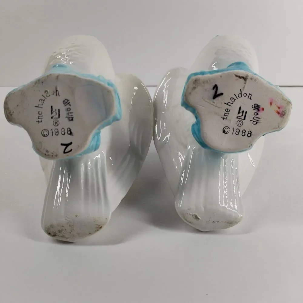 Vintage 1988 The Haldon Pair Dove Bird‎ Candle Holders White Blue Ribbon 4